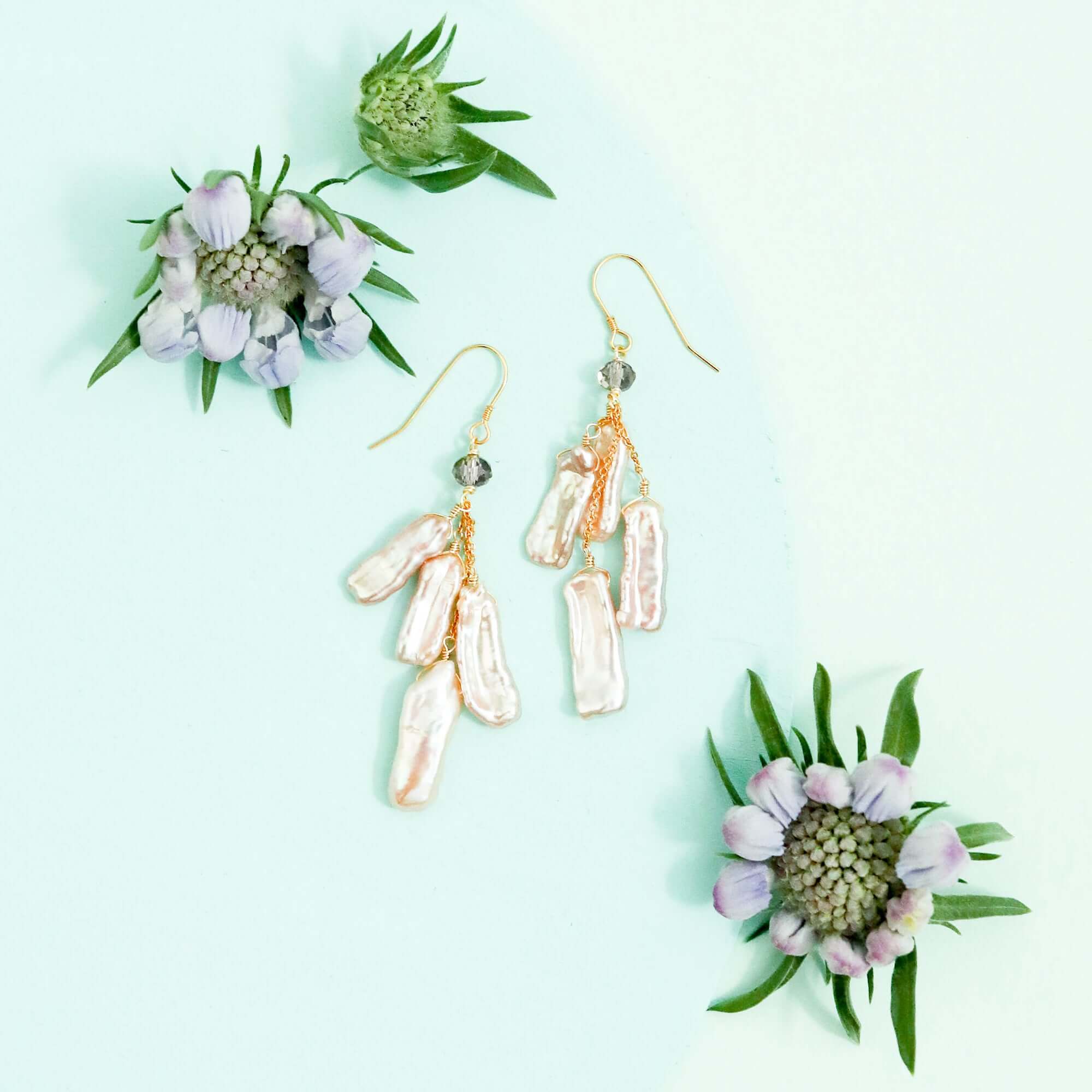 Stick Pearl Earrings – Gold Plated Freshwater Cascade Design with Black Spinel Accent