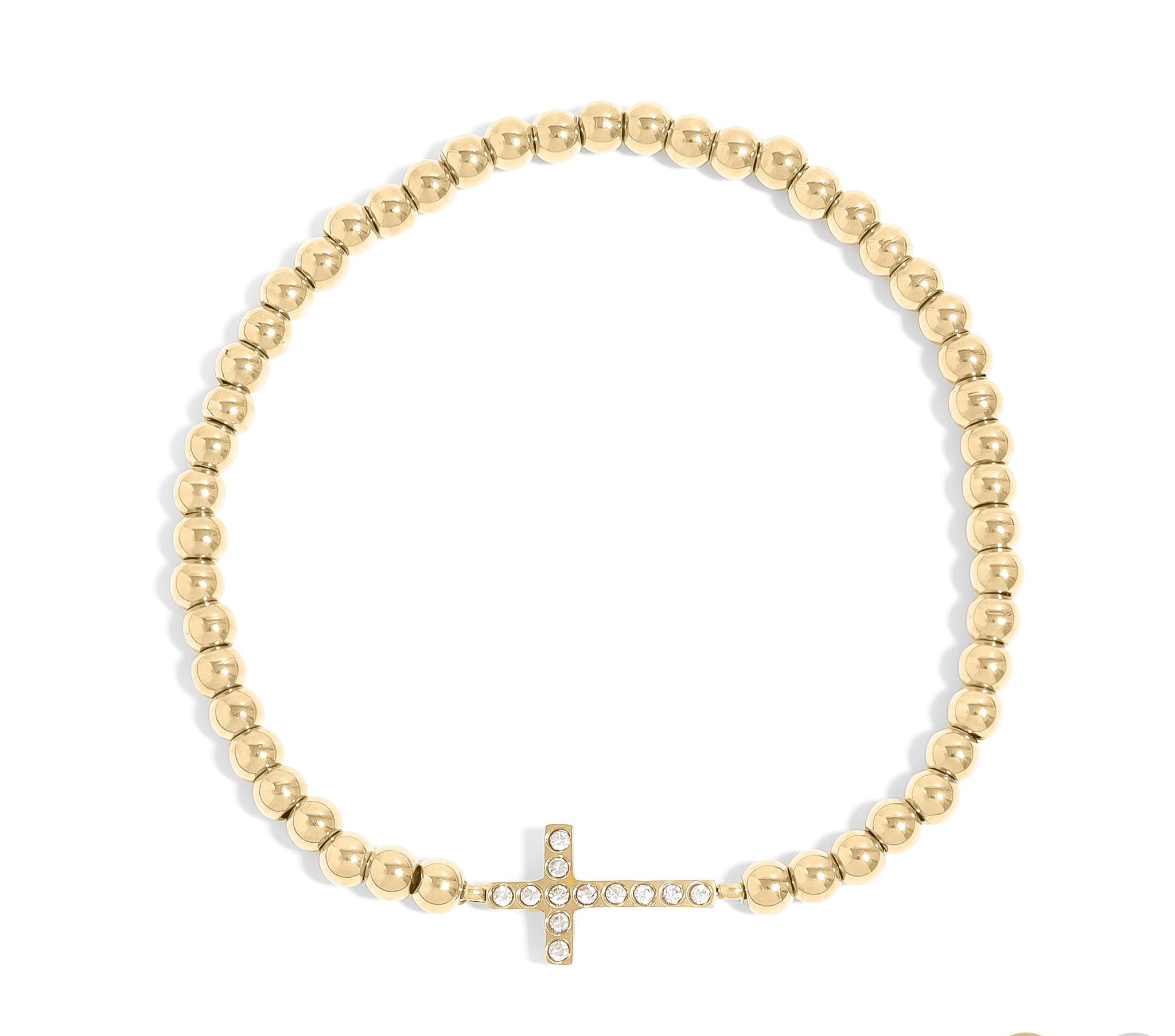 Gold Beaded Bracelet – Adjustable Stretch Band with Stone Cross Charm