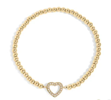 18K Gold PVD Stainless Steel Stone Heart Metal Beaded Stretch Bracelet