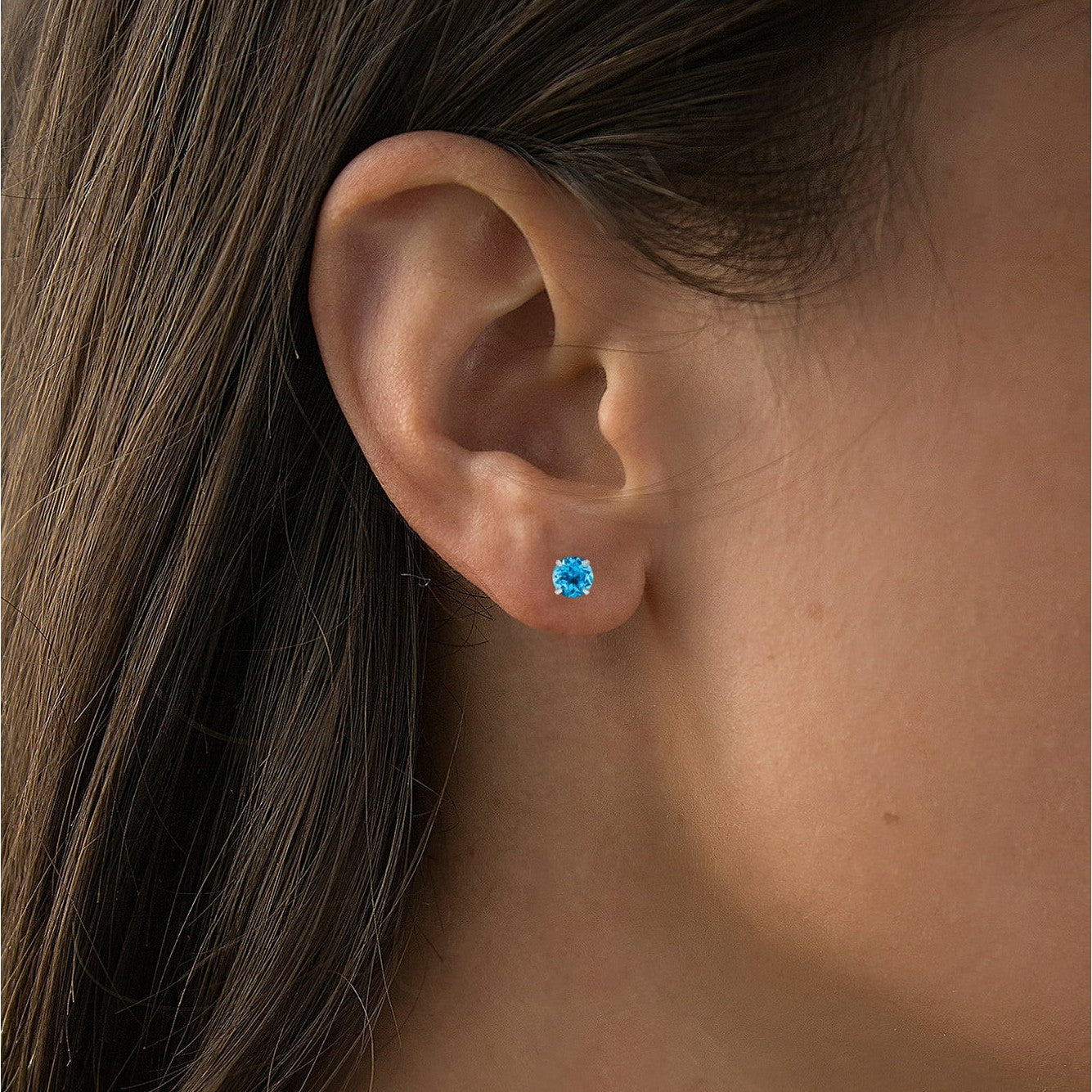 Blue Topaz Stud Earrings – 14K White Gold Round Cut Topaz Studs with Gift Box