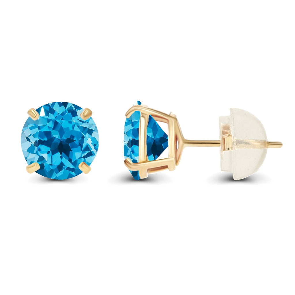 Blue Topaz Stud Earrings – 2 Carat Round Cut Topaz Studs in 14K Yellow Gold