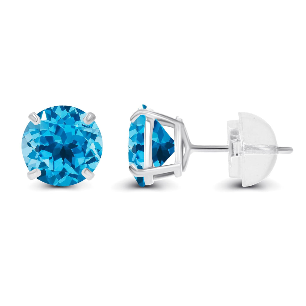 Blue Topaz Stud Earrings – 14K White Gold Round Cut Topaz Studs with Gift Box