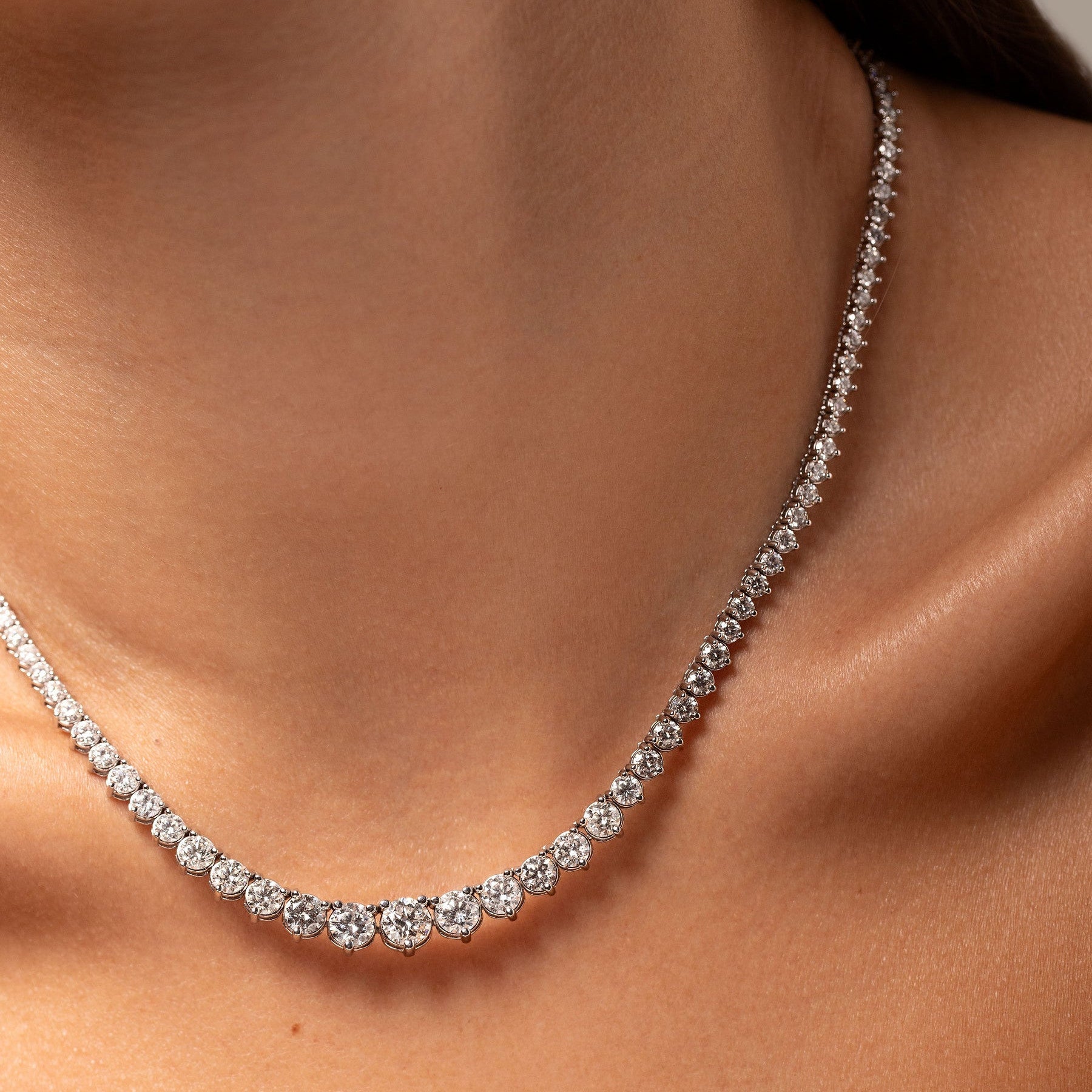 Created Moissanite Necklace – 15 Carat Graduated Tennis Necklace in 14K Gold Over Brass