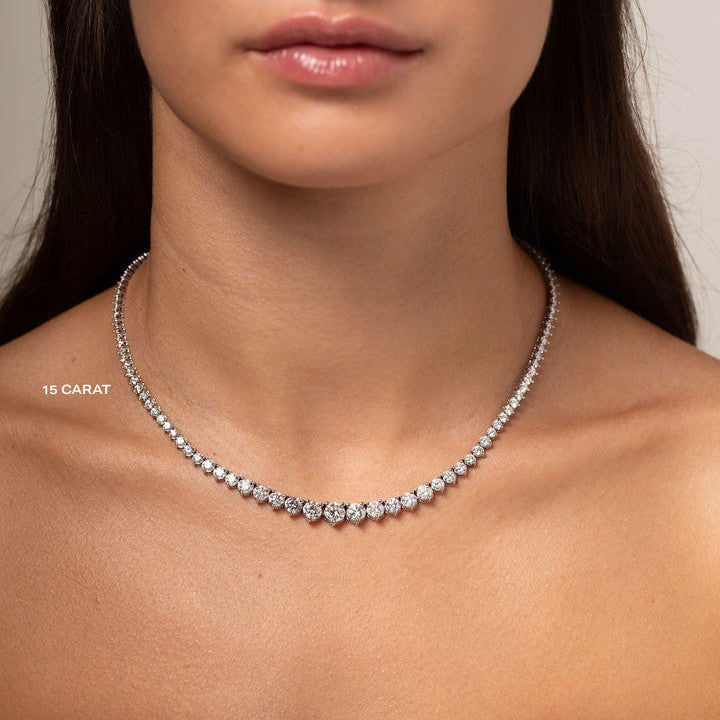 Created Moissanite Necklace – 15 Carat Graduated Tennis Necklace in 14K Gold Over Brass