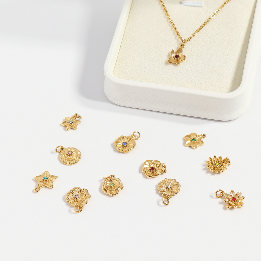 Birth Flower Charms – 18K Gold PVD Stainless Steel 3D Floral Connector Charm