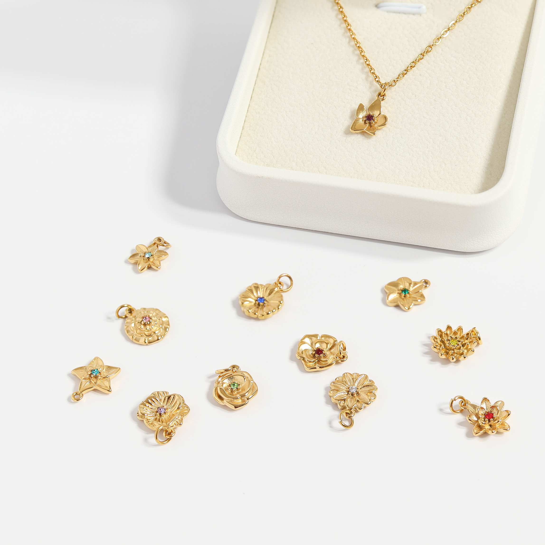 Birth Flower Charms – 18K Gold PVD Stainless Steel 3D Floral Connector Charm
