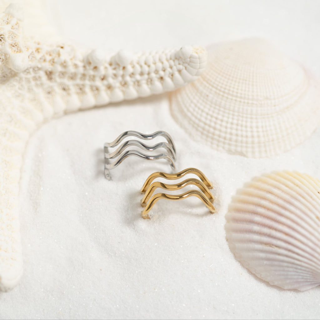 Gold Geometric Ring – 18K Gold Stainless Steel Triple Wave Band, Scratch Resistant