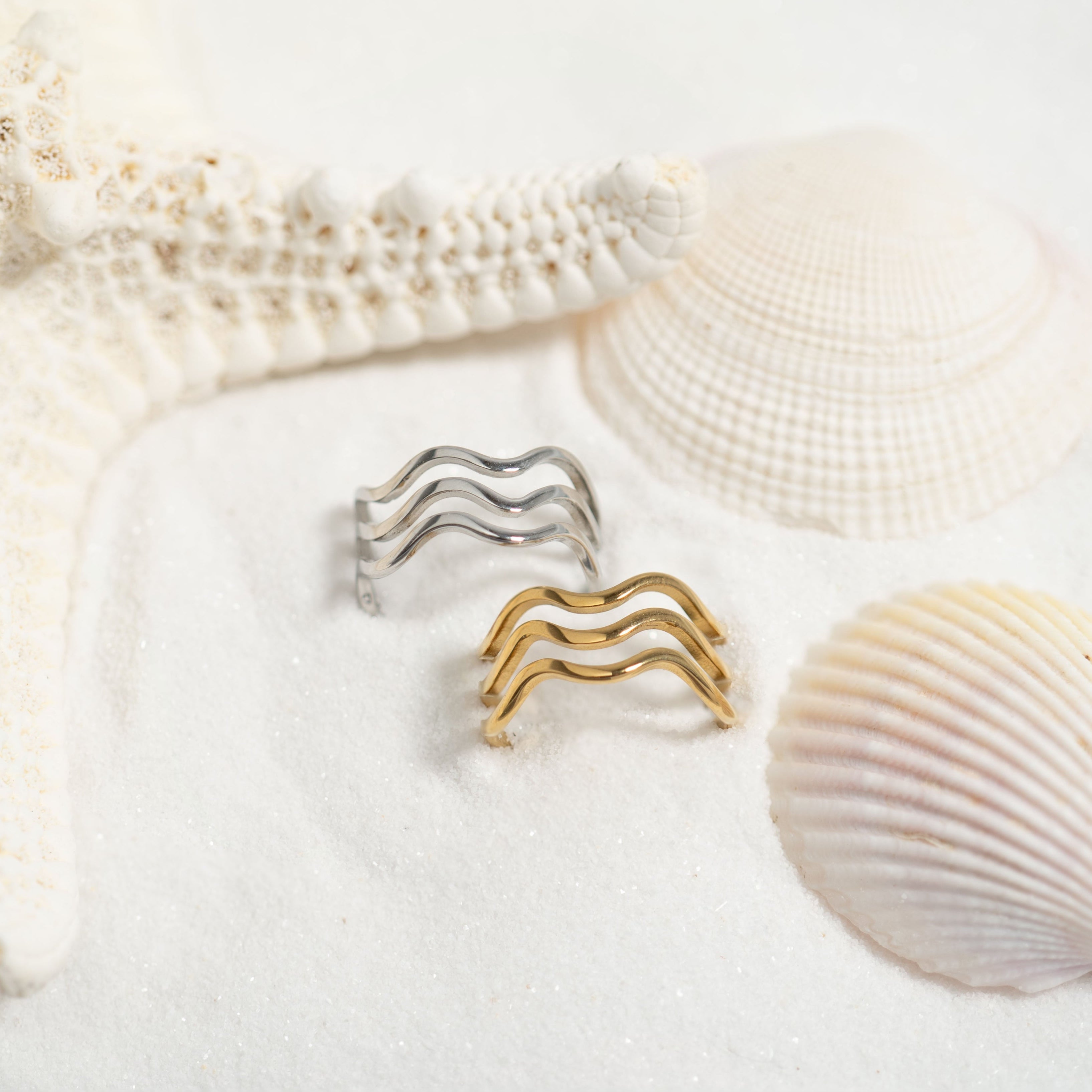 Gold Geometric Ring – 18K Gold Stainless Steel Triple Wave Band, Scratch Resistant