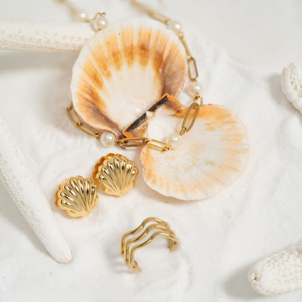 Gold Geometric Ring – 18K Gold Stainless Steel Triple Wave Band, Scratch Resistant