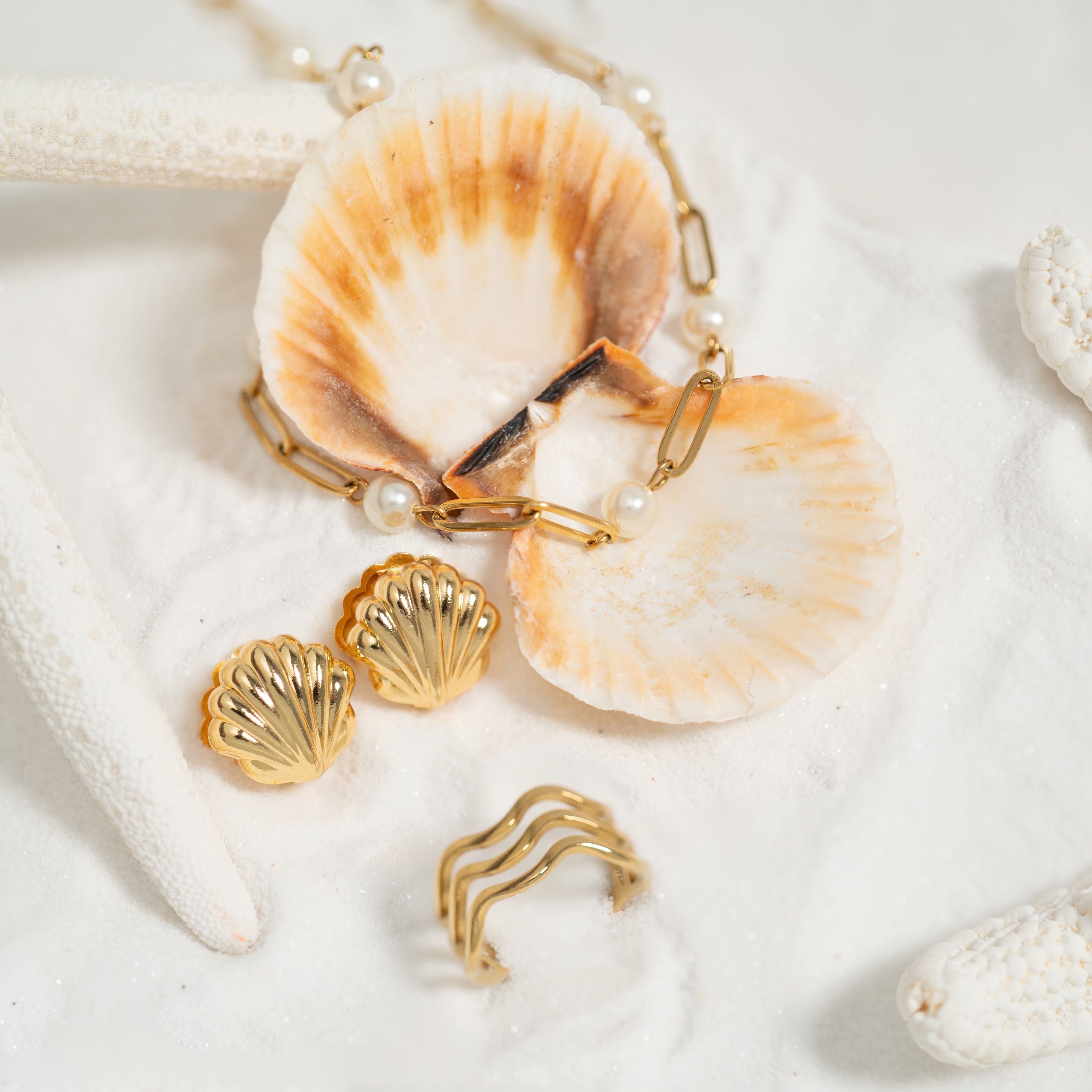 Gold Geometric Ring – 18K Gold Stainless Steel Triple Wave Band, Scratch Resistant