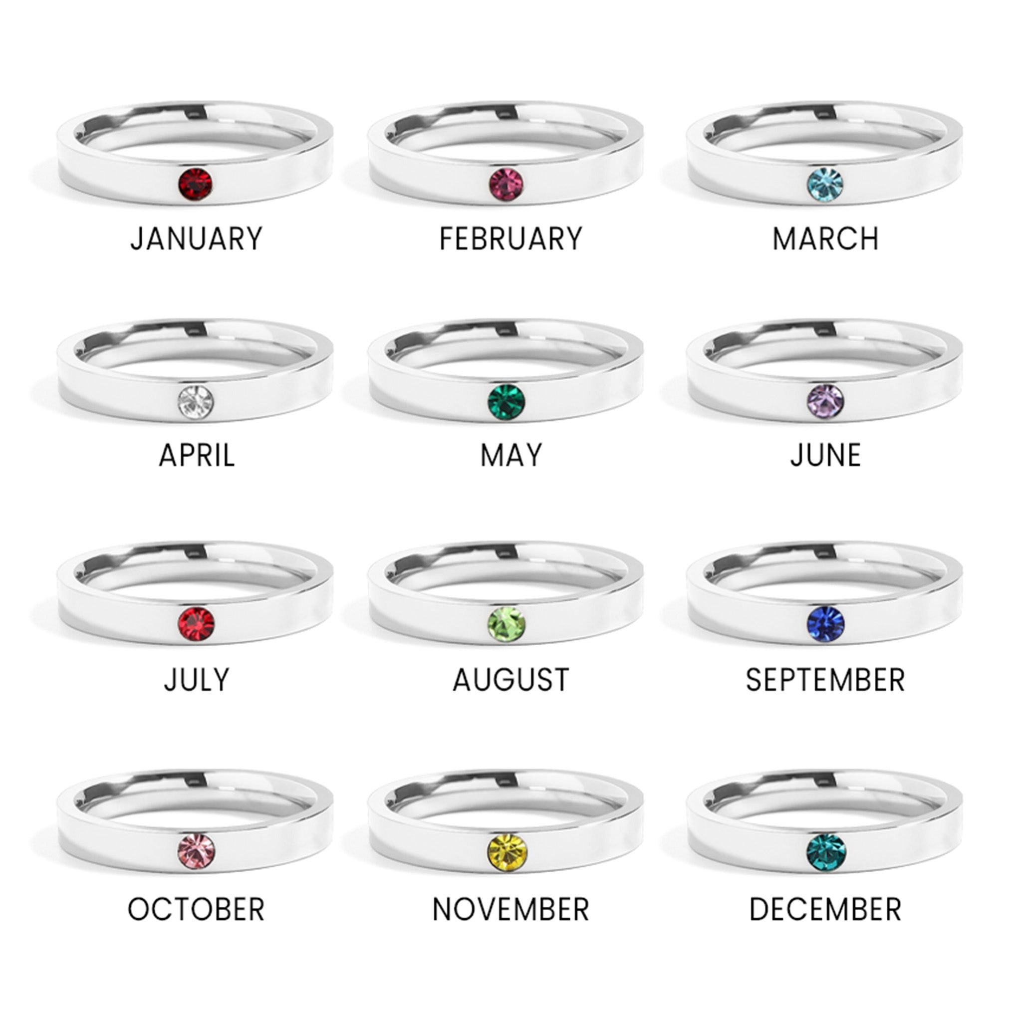 Birthstone Stacking Ring – 3mm Wide Band Stainless Steel Engraved Jewelry