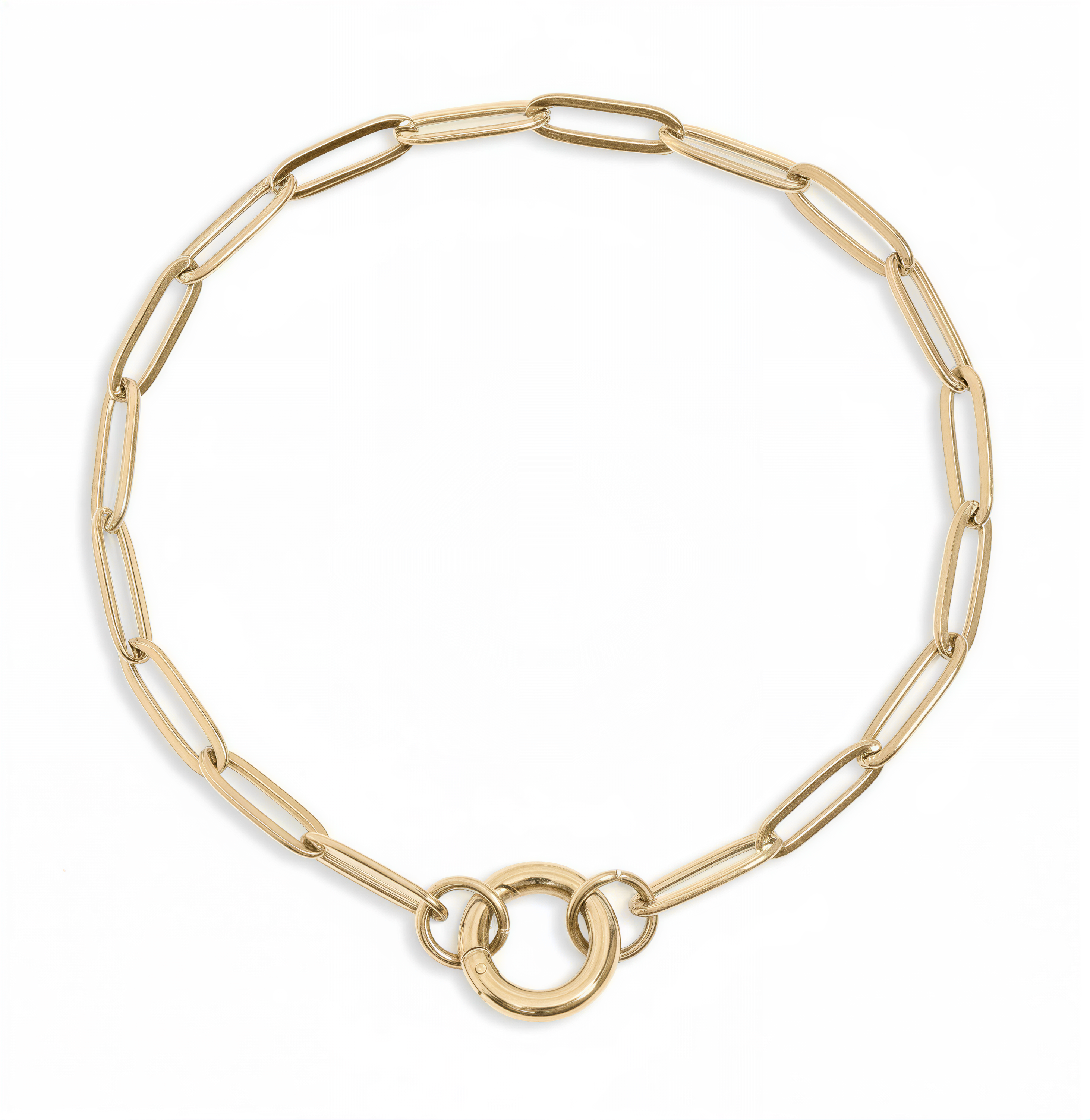 A gold chain necklace with a circular clasp.