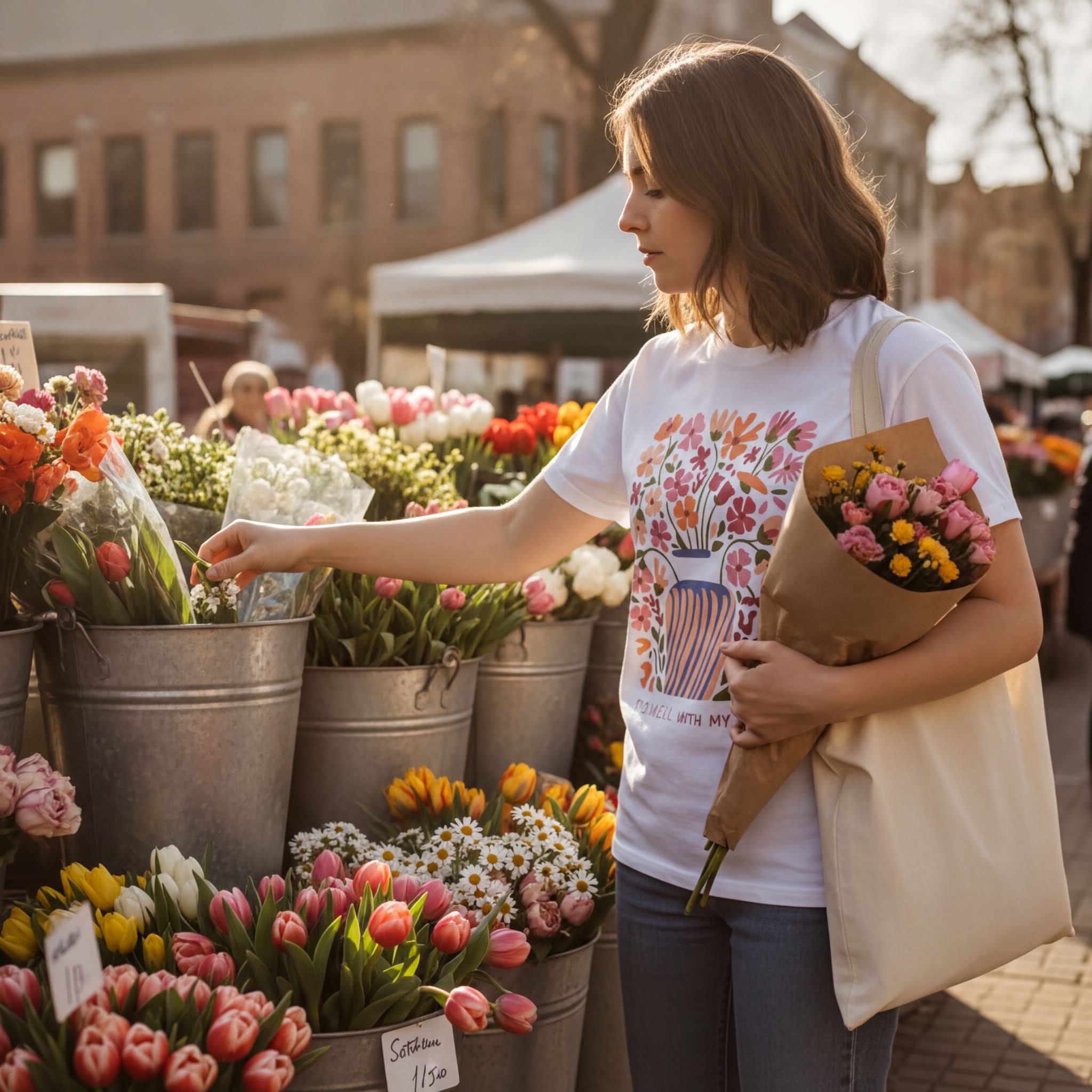 A woman is browsing through a variety of colorful flowers at an outdoor market, holding a bouquet of flowers in her hand.