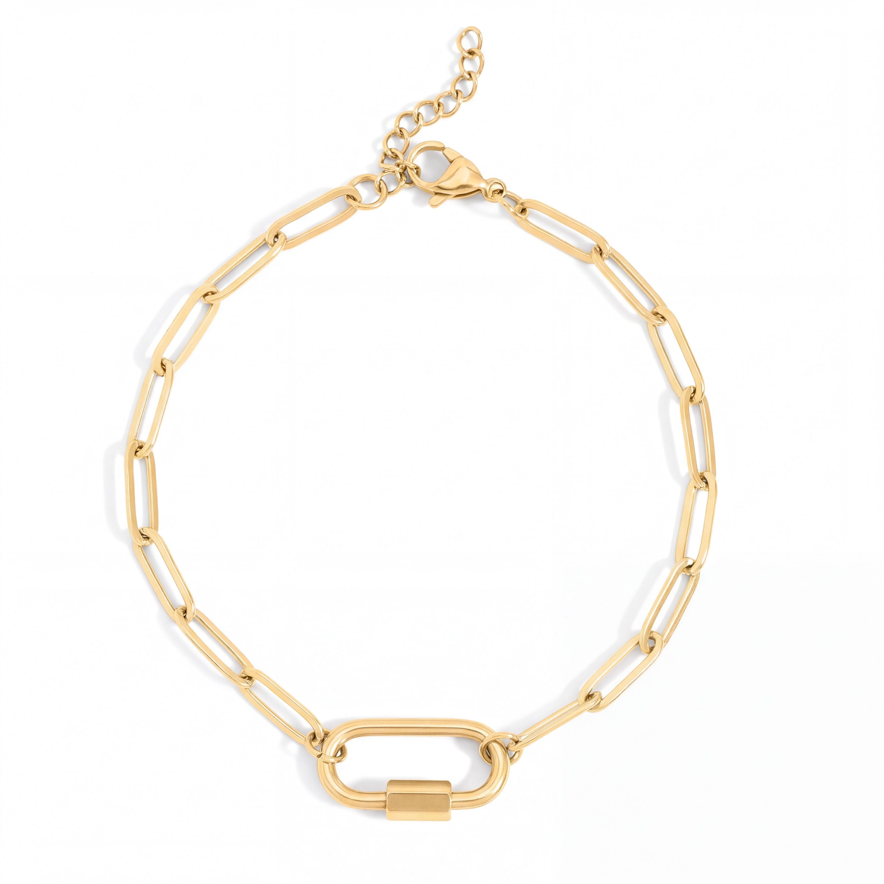 A gold-colored chain necklace with a lock clasp at the bottom.