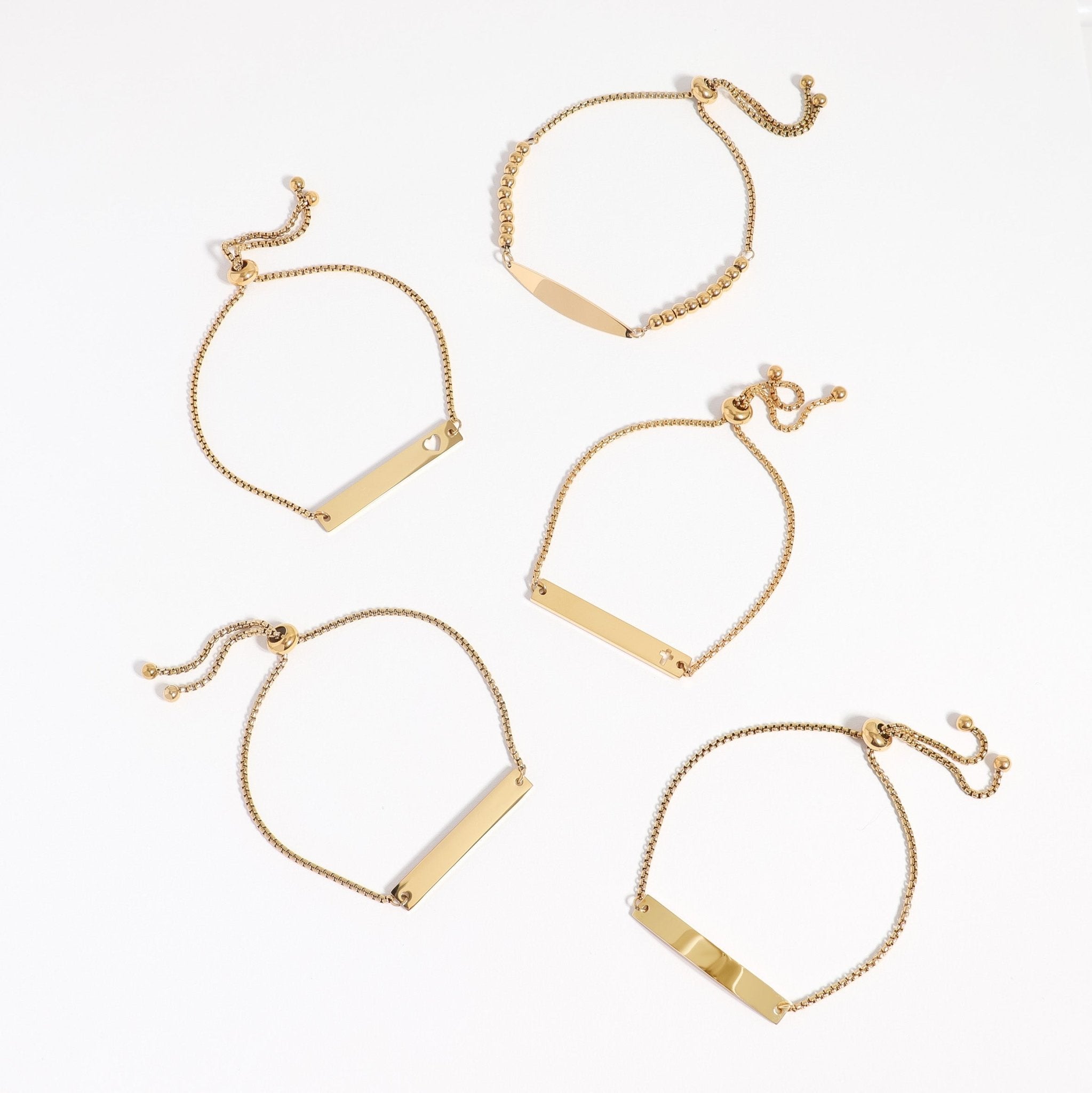 Adjustable Gold Bar Bracelet – Engraved Curved Beaded Stainless Steel Jewelry - Bracelets | Sunflower Soul Boutique