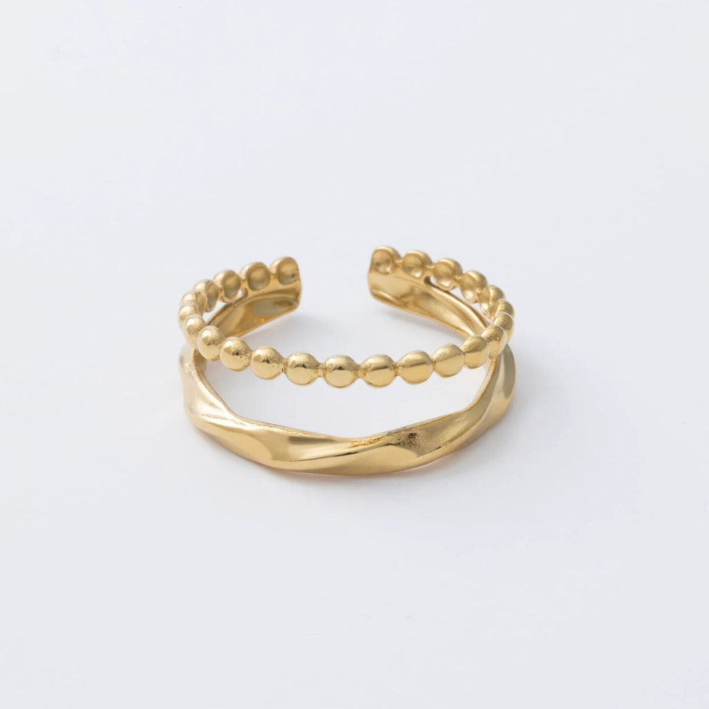 18K Gold PVD Stainless Steel Double Beaded Adjustable Ring- gold studio