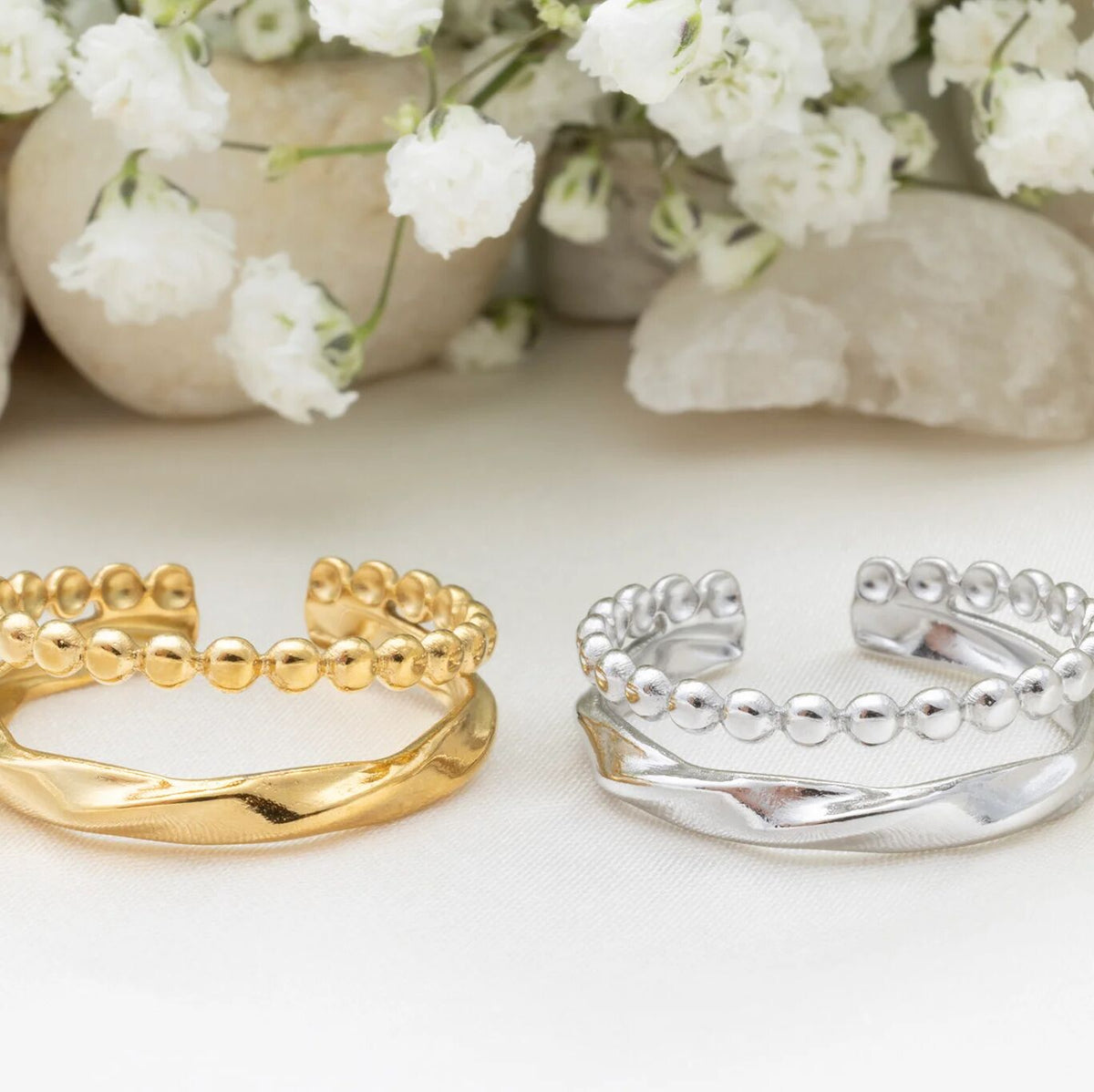 18K Gold PVD Stainless Steel Double Beaded Adjustable Ring- gold and silver studio