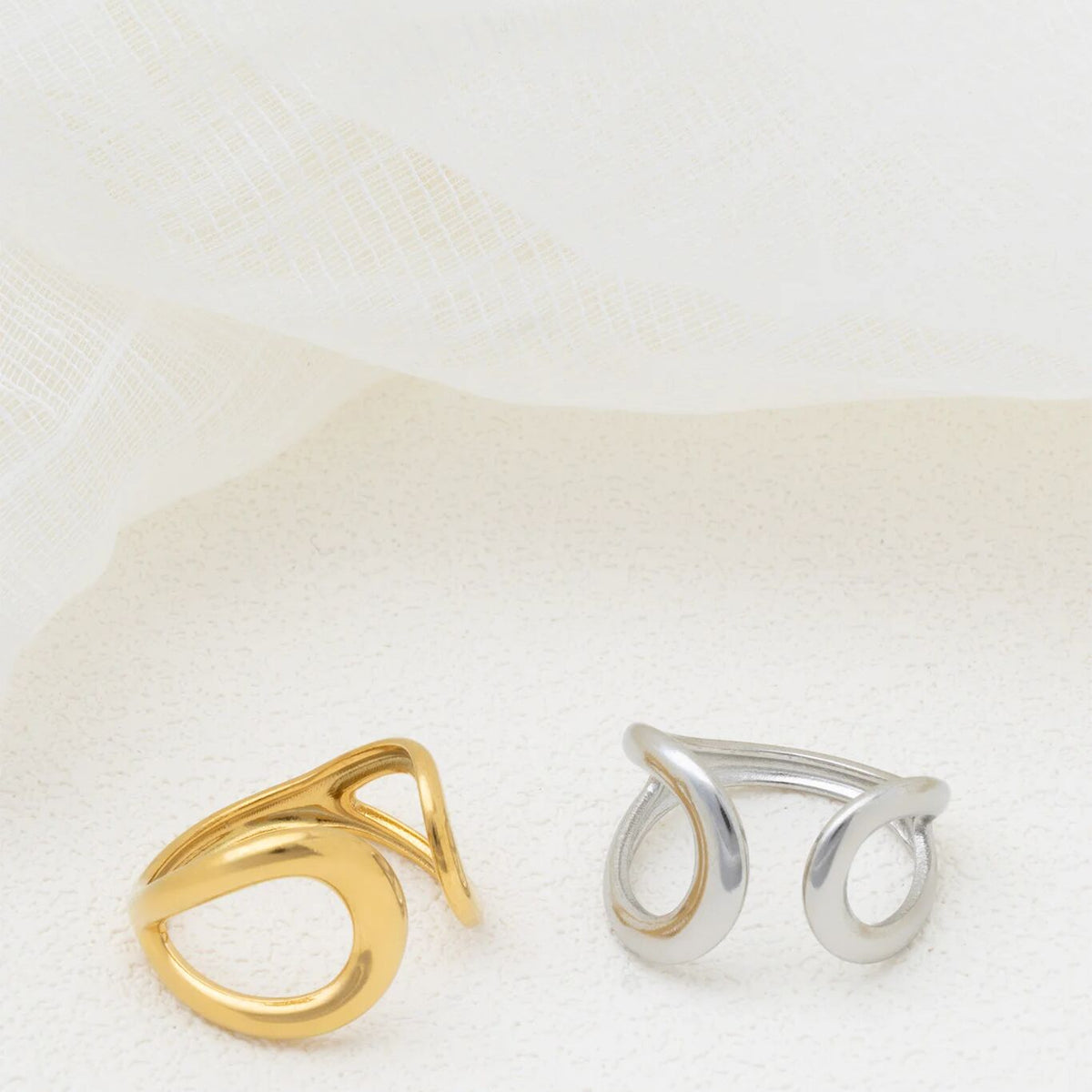 18K Gold PVD Stainless Steel Crescent Cuff Adjustable Ring - gold and silver studio