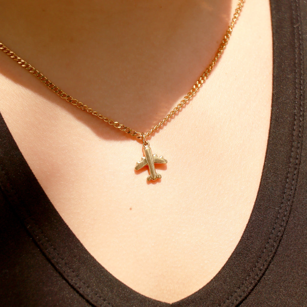 18K Gold Airplane Charm - PVD Coated Stainless Steel Travel Pendant Gift