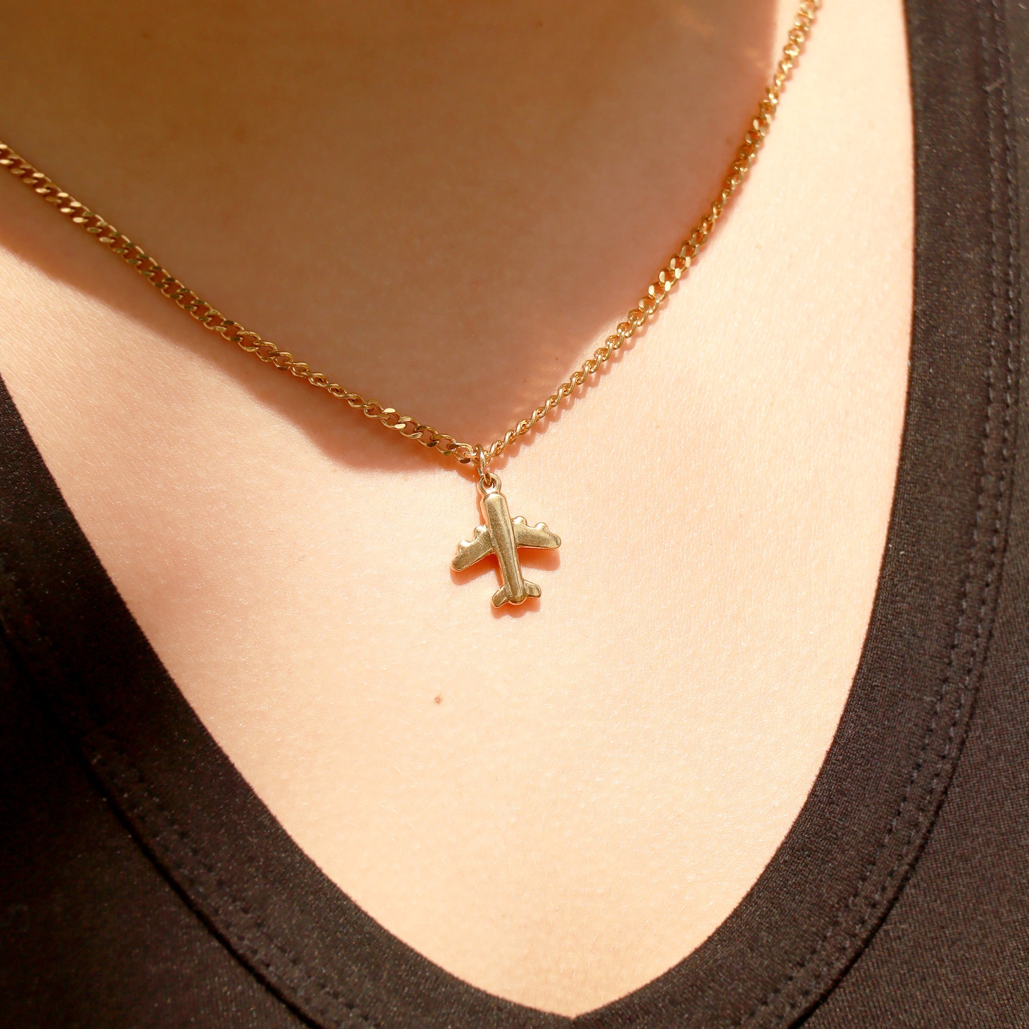 18K Gold Airplane Charm - PVD Coated Stainless Steel Travel Pendant Gift