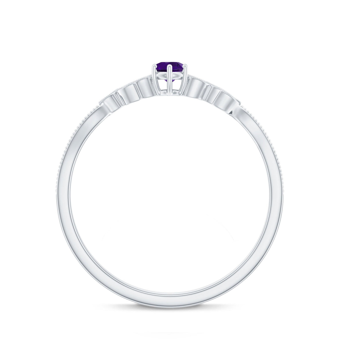 Amethyst and Diamond Leaf Promise Ring with Beaded Detailing