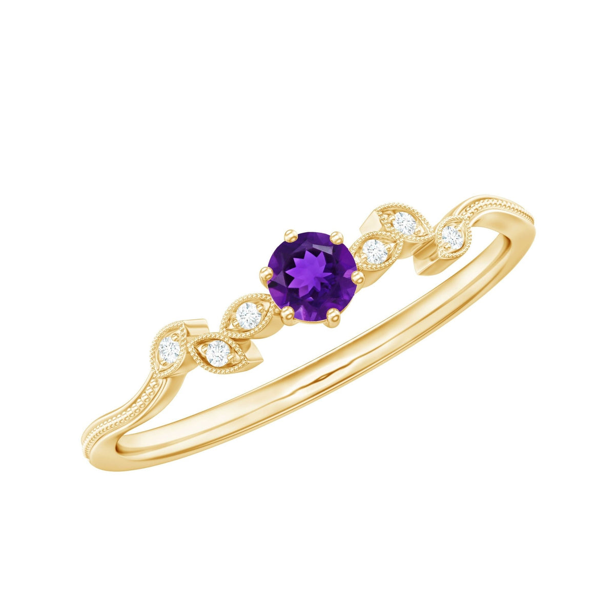 Amethyst and Diamond Leaf Promise Ring with Beaded Detailing