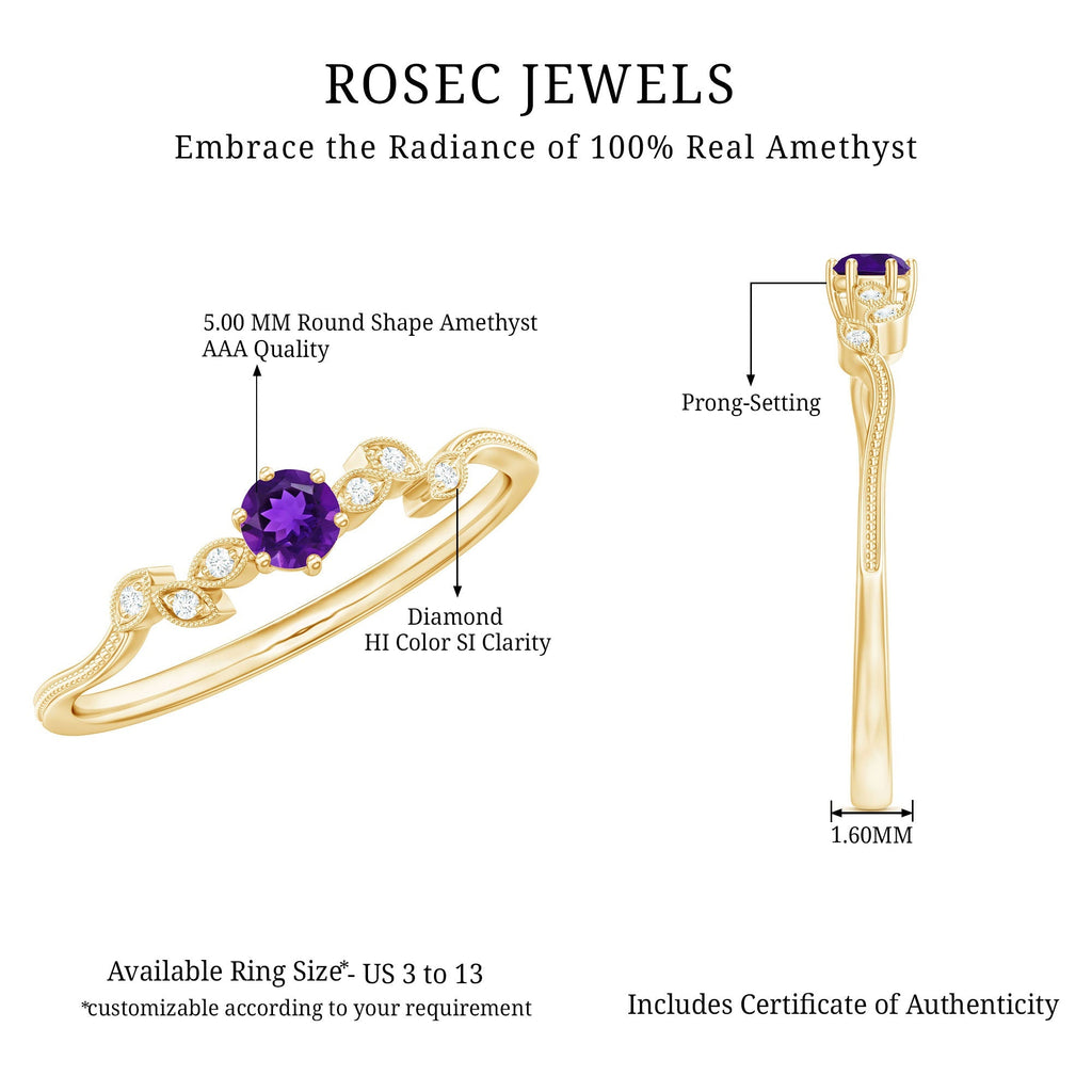 Amethyst and Diamond Leaf Promise Ring with Beaded Detailing
