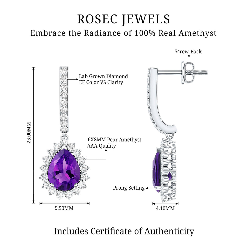 Amethyst Bridal Earrings – Pear Shape Diamond Halo with Screw Back Comfort