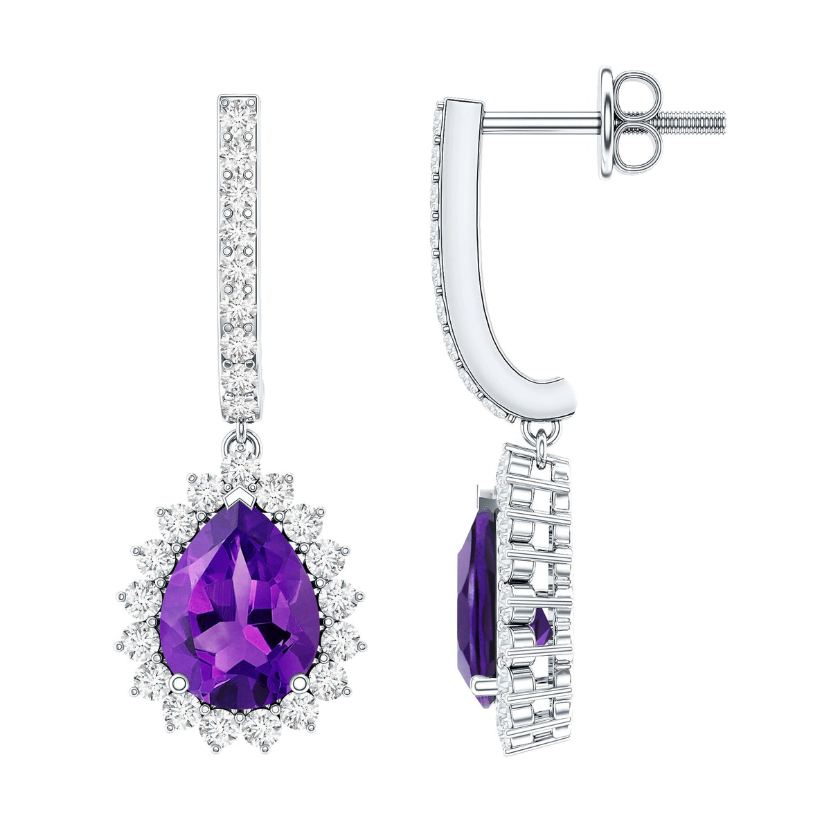Amethyst Bridal Earrings – Pear Shape Diamond Halo with Screw Back Comfort