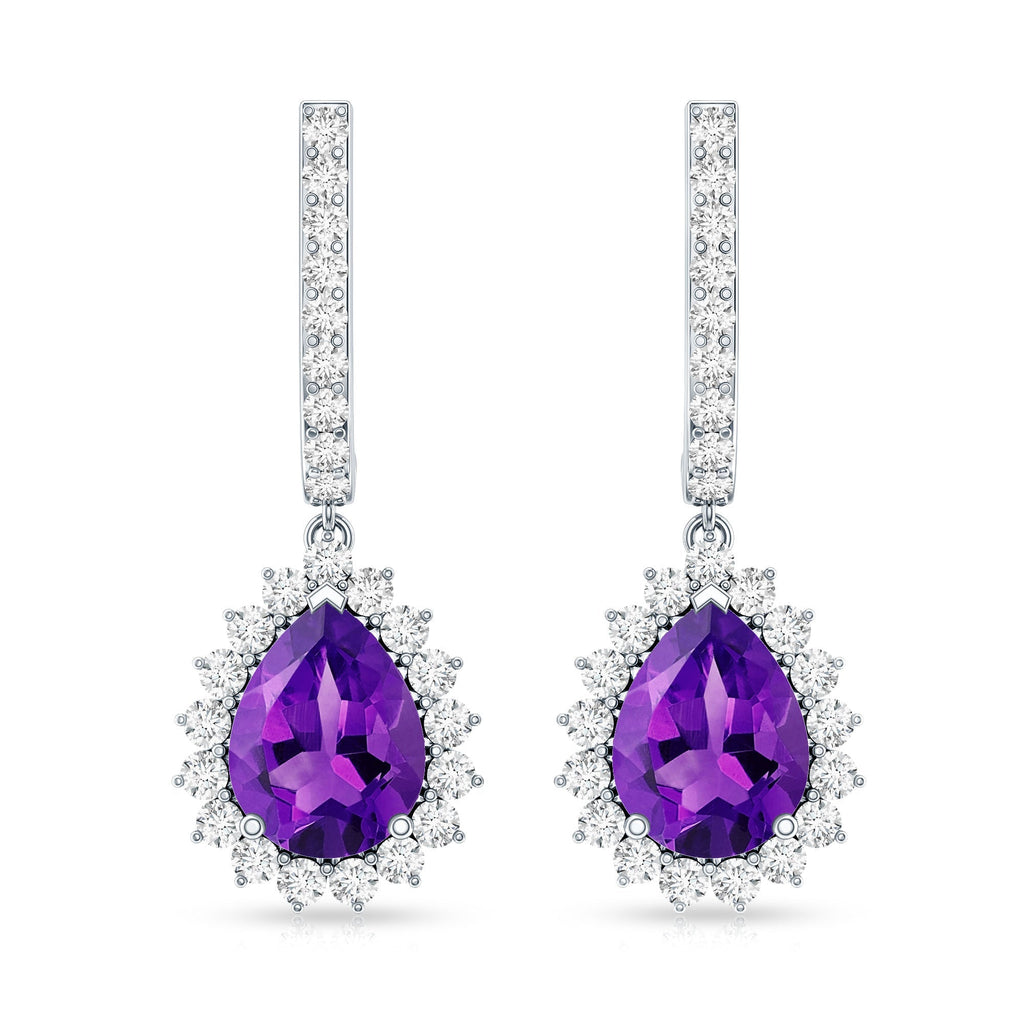 Amethyst Bridal Earrings – Pear Shape Diamond Halo with Screw Back Comfort