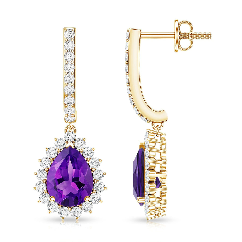 Amethyst Bridal Earrings – Pear Shape Diamond Halo with Screw Back Comfort