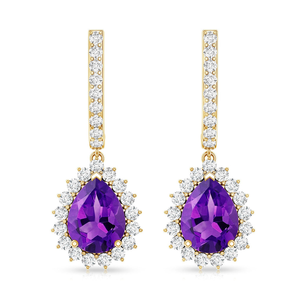 Amethyst Bridal Earrings – Pear Shape Diamond Halo with Screw Back Comfort