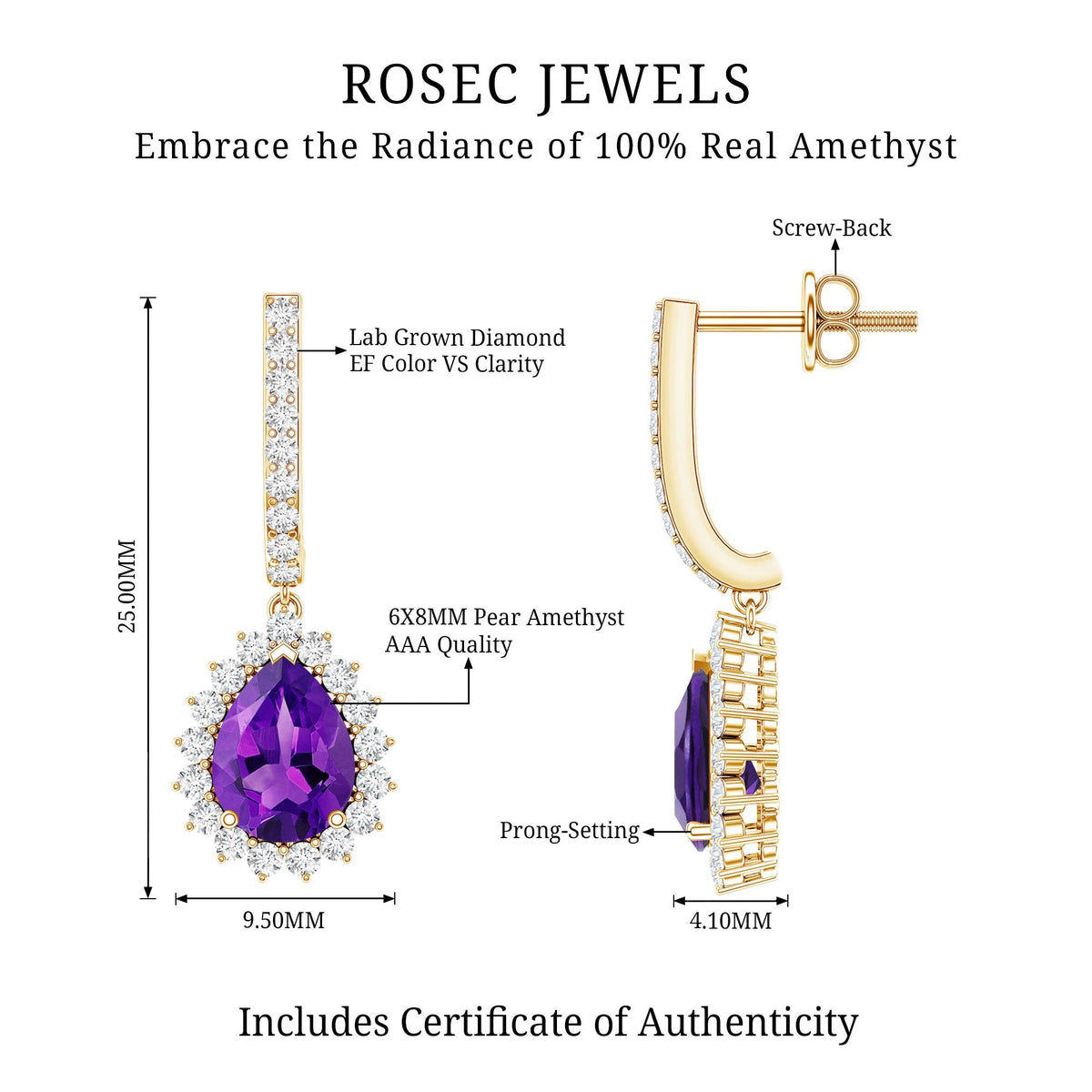Amethyst Bridal Earrings – Pear Shape Diamond Halo with Screw Back Comfort