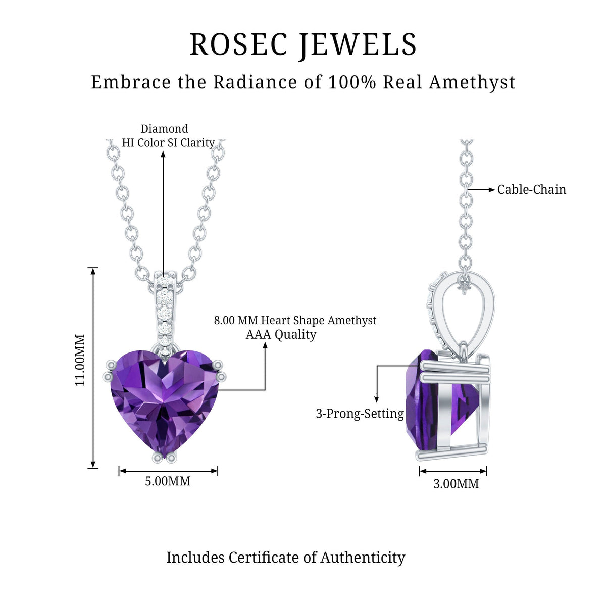 Amethyst Heart Necklace – Solitaire Amethyst Jewelry With Diamond Studded Bail