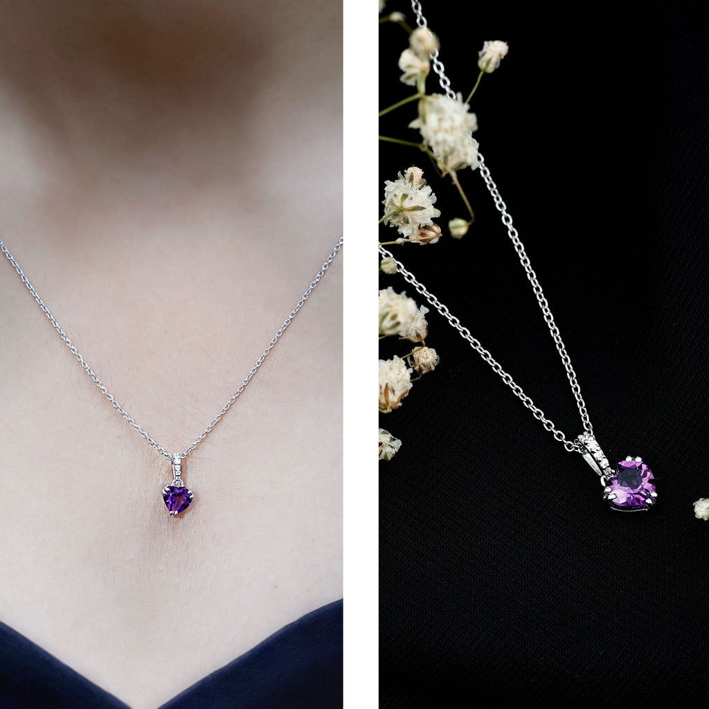Amethyst Heart Necklace – Solitaire Amethyst Jewelry With Diamond Studded Bail