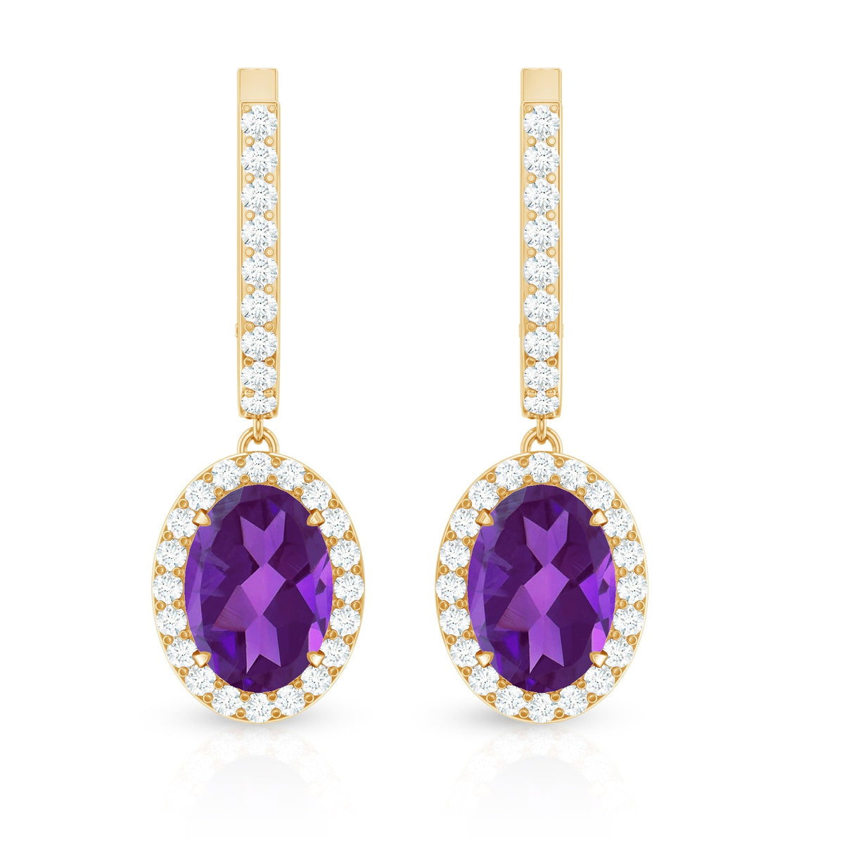 Amethyst Hoop Earrings – Oval Amethyst Dangle with Diamond Halo Drop