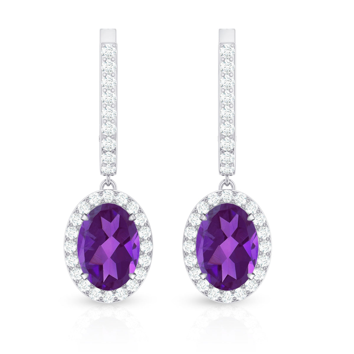 Amethyst Hoop Earrings – Oval Amethyst Dangle with Diamond Halo Drop