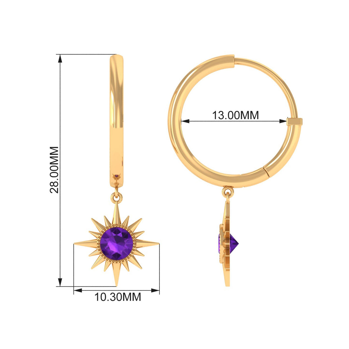 Amethyst Hoop Earrings – Sunburst Drop Design with AAA Quality Gemstones