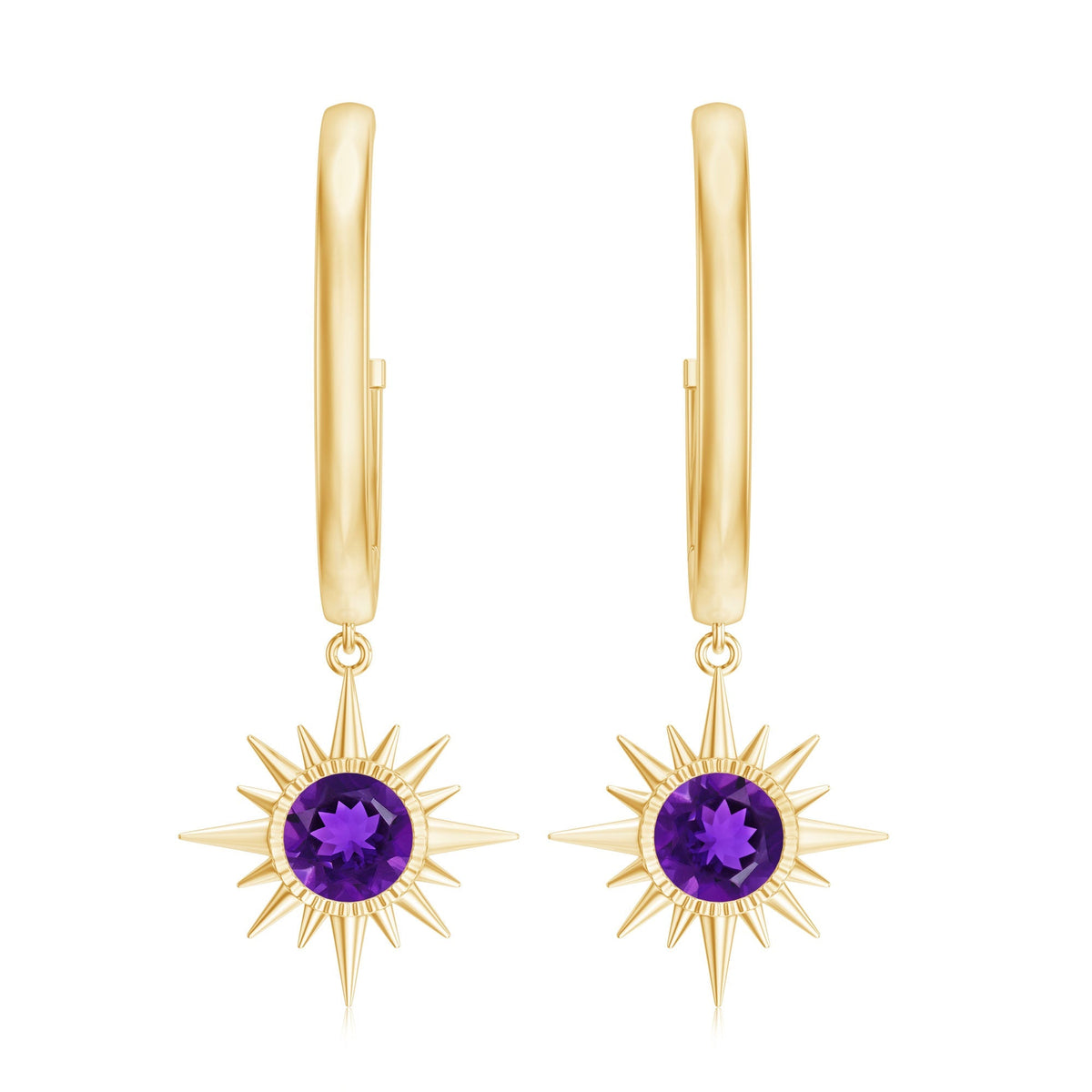 Amethyst Hoop Earrings – Sunburst Drop Design with AAA Quality Gemstones