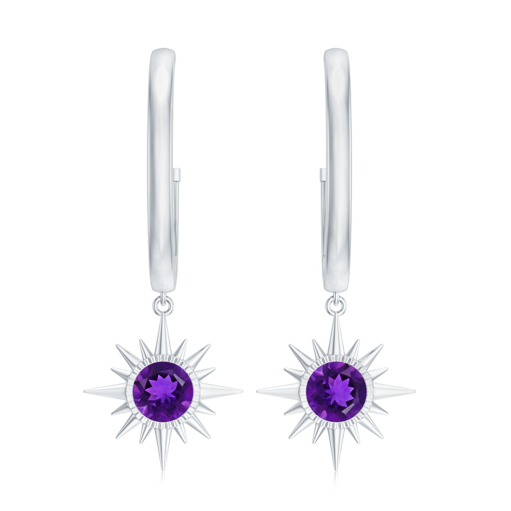 Amethyst Hoop Earrings – Sunburst Drop Design with AAA Quality Gemstones