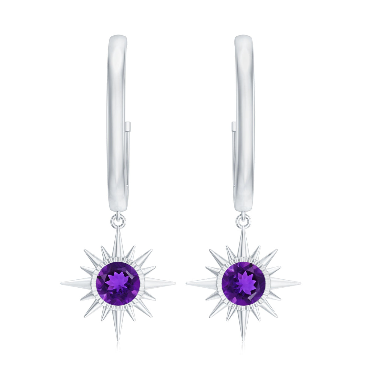 Amethyst Hoop Earrings – Sunburst Drop Design with AAA Quality Gemstones