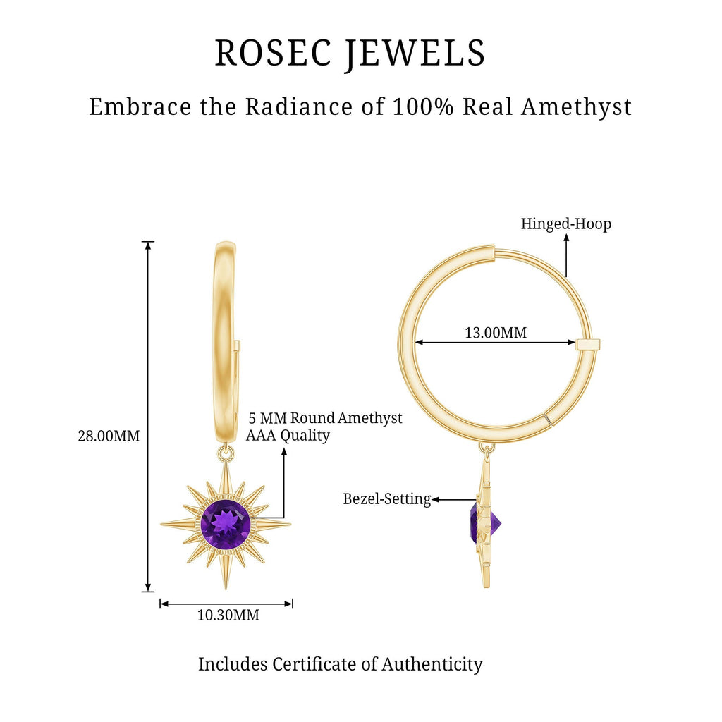 Amethyst Hoop Earrings – Sunburst Drop Design with AAA Quality Gemstones