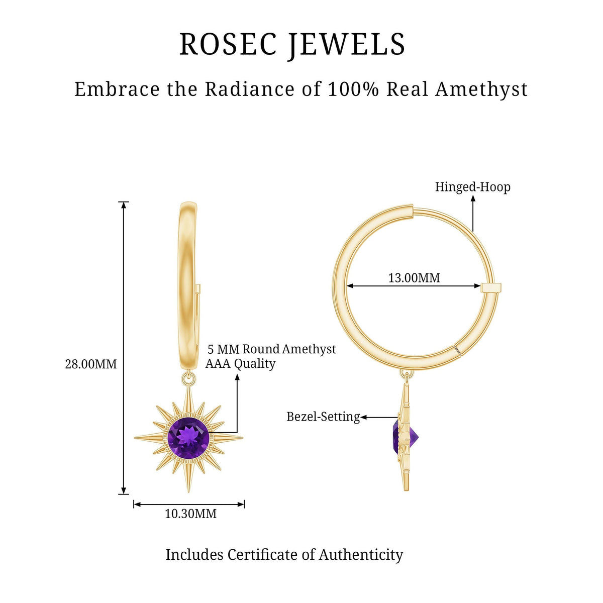 Amethyst Hoop Earrings – Sunburst Drop Design with AAA Quality Gemstones