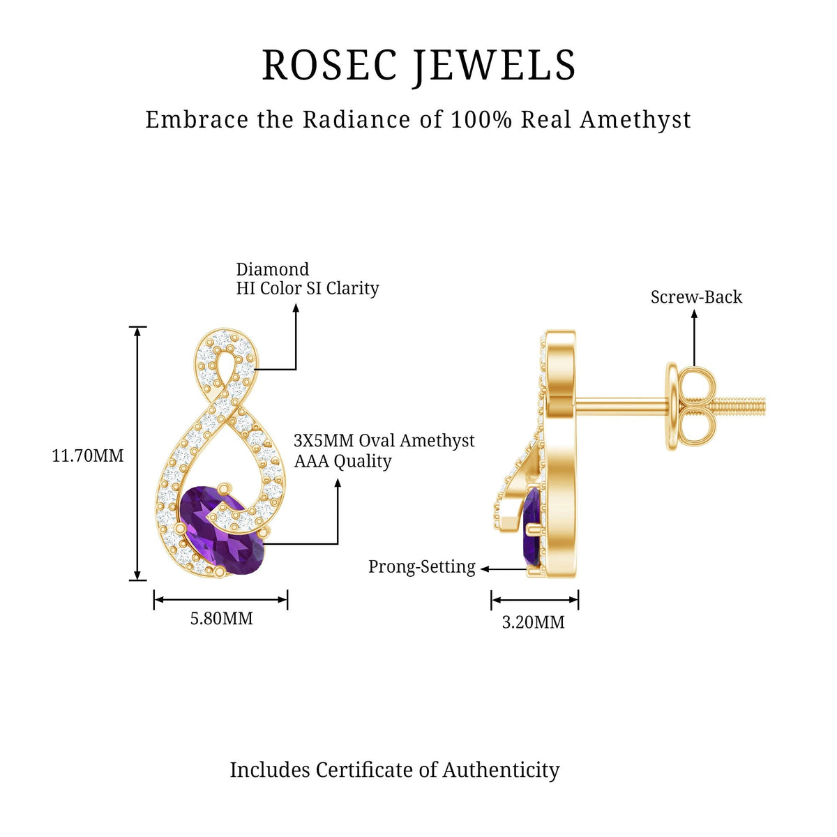 Amethyst Infinity Earrings – Oval Amethyst Studs with HI-SI Diamonds | Prong Setting