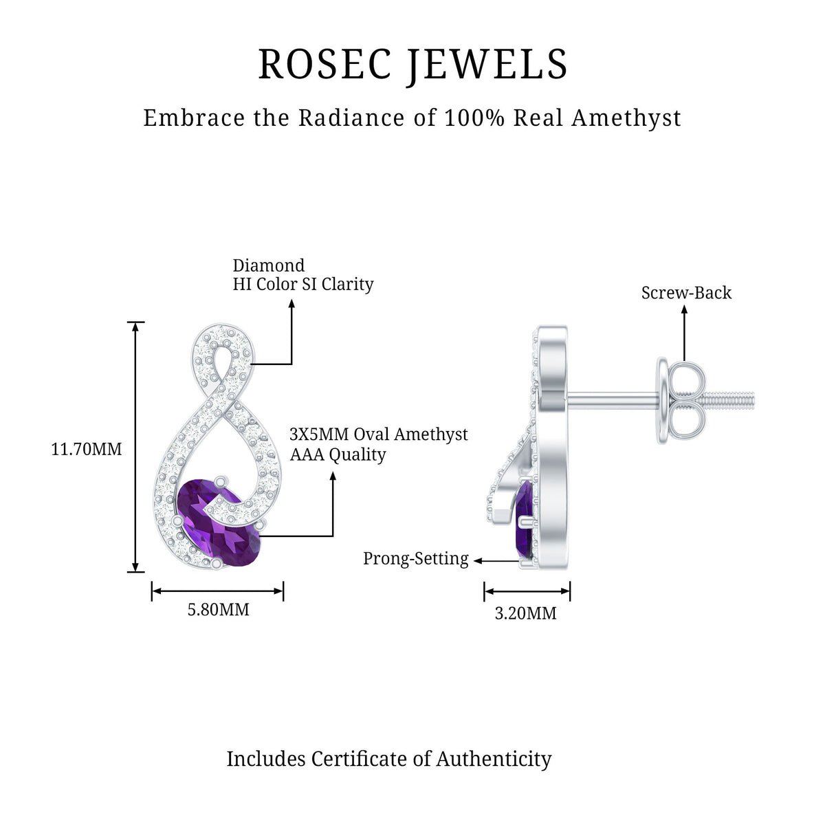 Amethyst Infinity Earrings – Oval Amethyst Studs with HI-SI Diamonds | Prong Setting