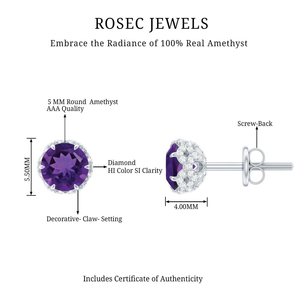 Amethyst Stud Earrings – 5mm Natural Amethyst With Diamond Studs & Claw Prong Setting