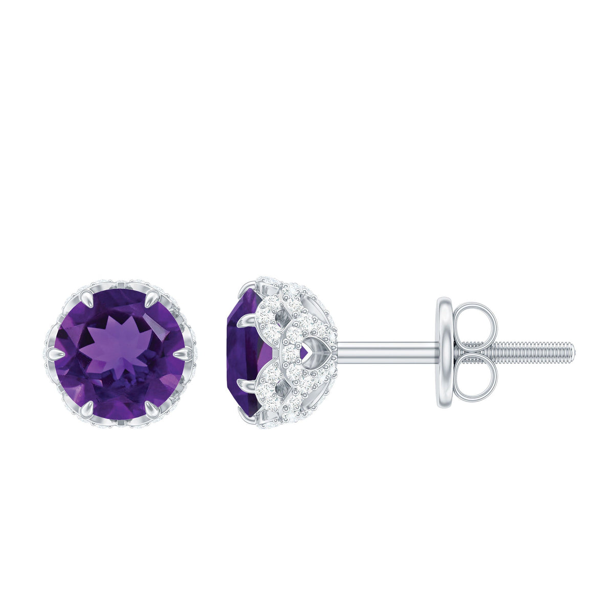Amethyst Stud Earrings – 5mm Natural Amethyst With Diamond Studs & Claw Prong Setting