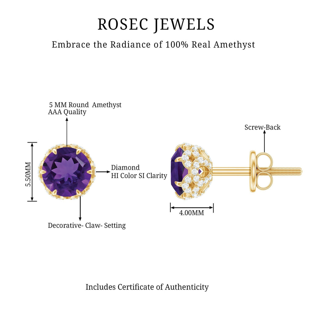 Amethyst Stud Earrings – 5mm Natural Amethyst With Diamond Studs & Claw Prong Setting