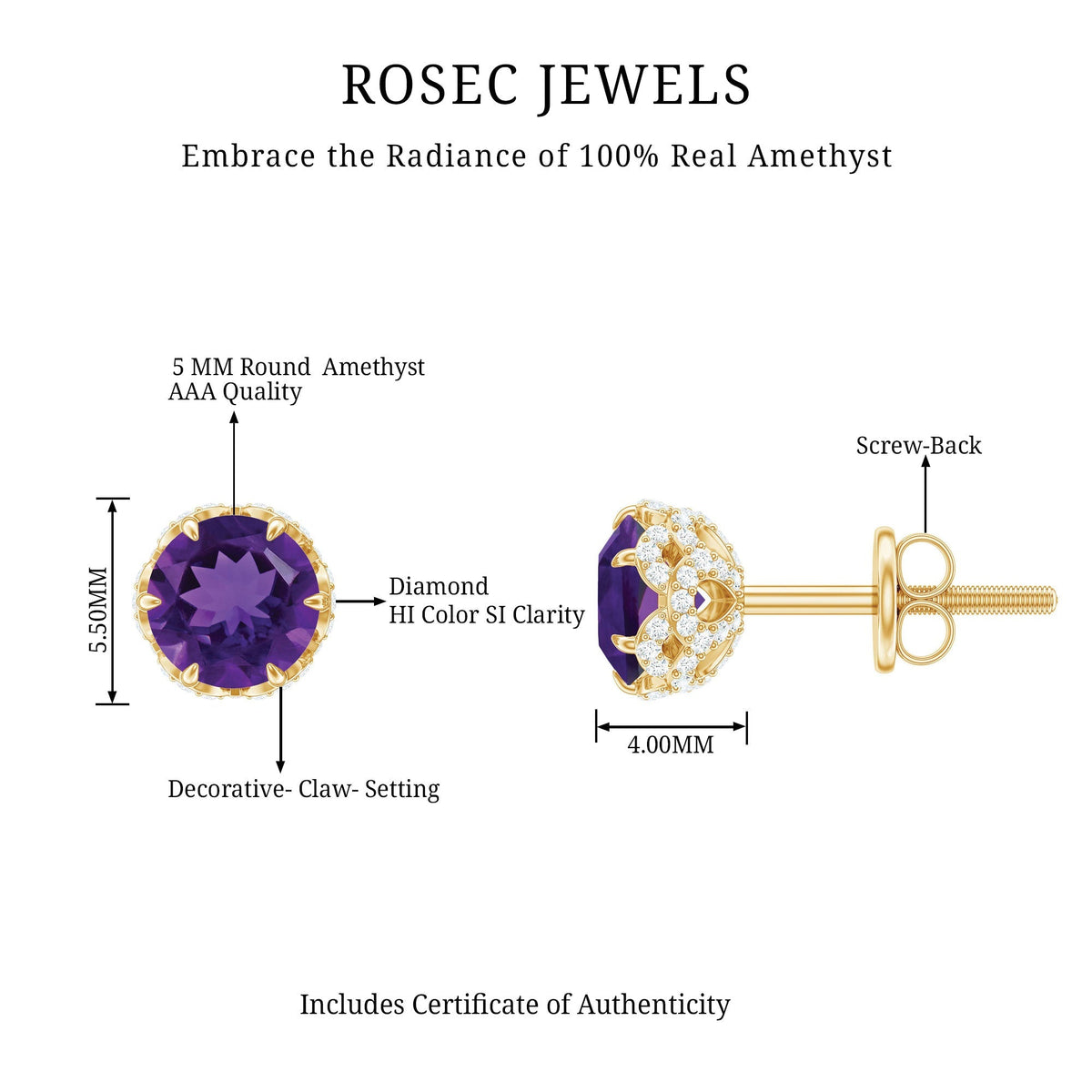 Amethyst Stud Earrings – 5mm Natural Amethyst With Diamond Studs & Claw Prong Setting