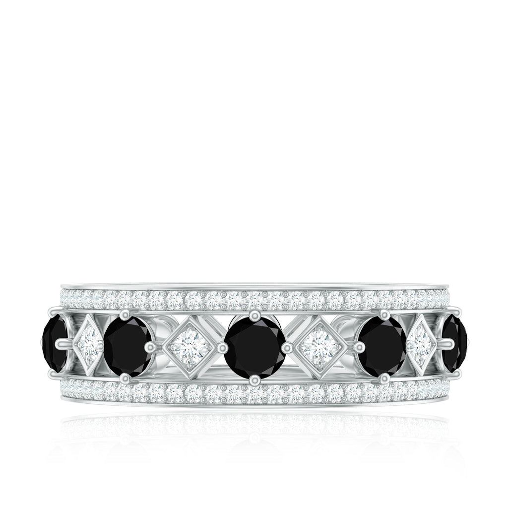 Antique Looking Black Onyx and Moissanite Wide Wedding Band